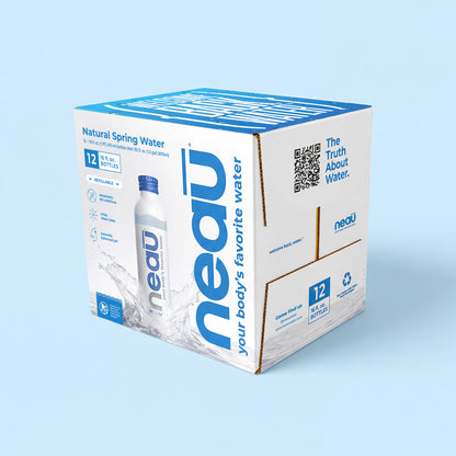 neaū Water 12 pack 16oz aluminum bottled spring water retail packaging box with recyclable cardboard design