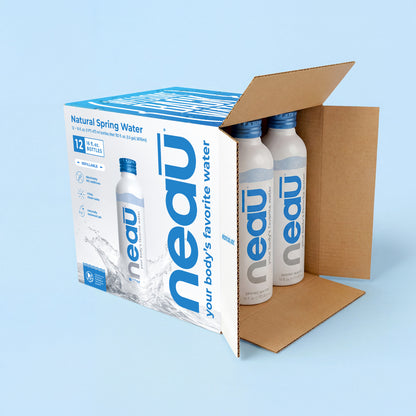 neaū Water 12 pack 16oz aluminum bottled spring water open cardboard case showing refillable blue cap bottles