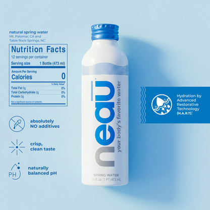 neaū Water 16oz aluminum bottle natural spring water with nutrition facts, zero calories, no additives, naturally balanced pH