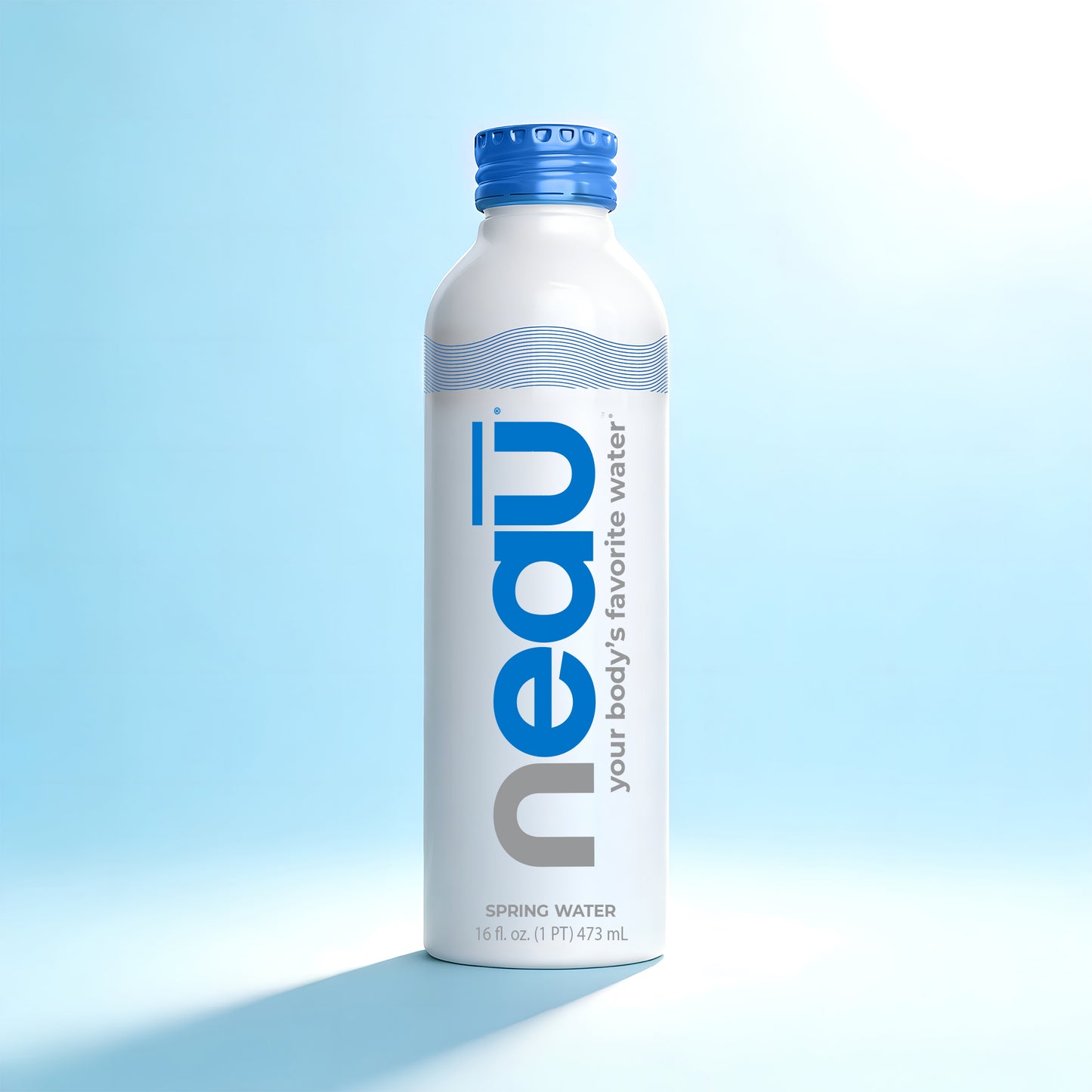 neaū Water 16oz aluminum bottle premium natural spring water with blue cap plastic-free reusable packaging