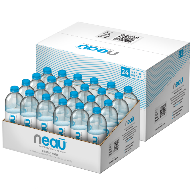 A case of neaū water containing 24 recyclable plastic bottles. Each bottle is BPA-free and holds 500 mililetires (16.9 fluid ounces) of pH balanced water.