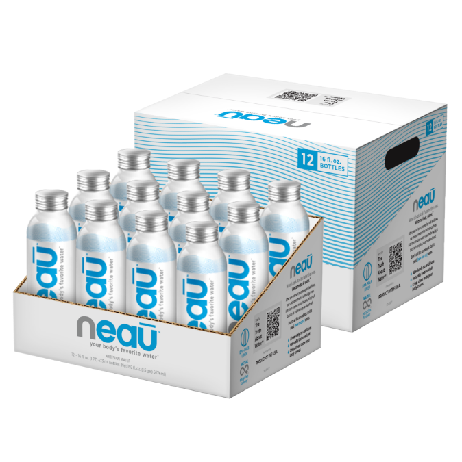 A case of neaū water containing 12 recyclable aluminium bottles. Each bottle holds 16 fluid ounces (473 milliliters) of crisp, clean water.