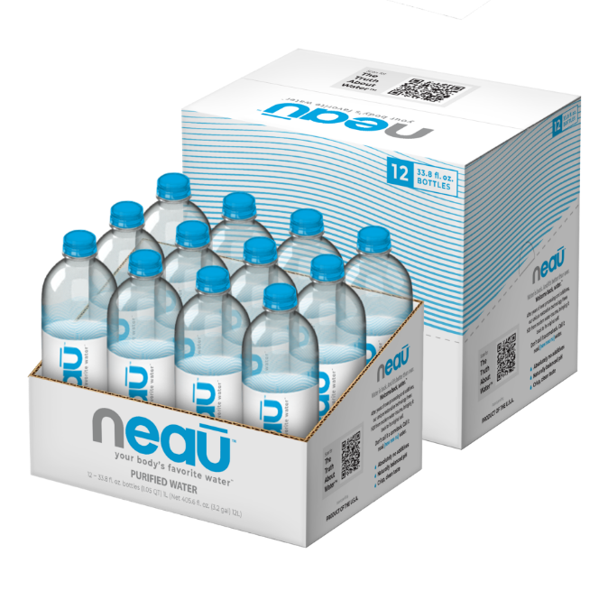 A case of neaū water containing 12 recyclable plastic bottles. Each bottle is BPA-free and holds 1 liter (33.8 fluid ounces) of pH balanced water.